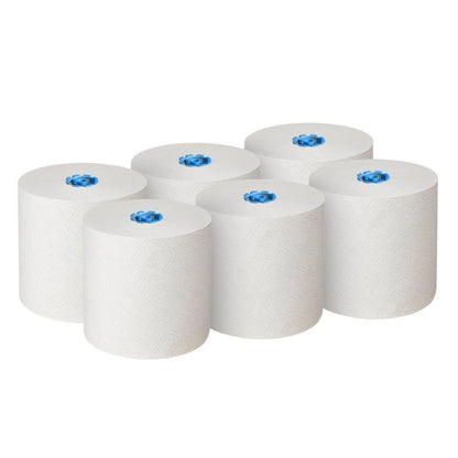 Seis rolos de toalhas Scott® Essential™ 6638 de 1-camada da Kimberly-Clark GmbH estão dispostos em duas fileiras de três sobre um fundo branco. Os rolos de toalha certificados pelo EU Ecolabel são feitos com tecnologia Airflex.