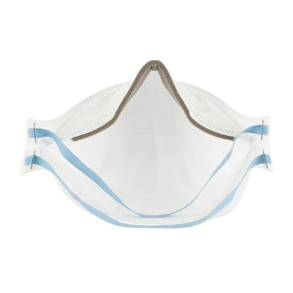 A máscara de partículas confortável 3M™ Aura™ 9320+, FFP2, sem válvula (1 peça, 3M Deutschland GmbH) é uma máscara facial descartável branca com alças de orelha azuis, mostrada de frente para exibir sua superfície interna e estrutura.