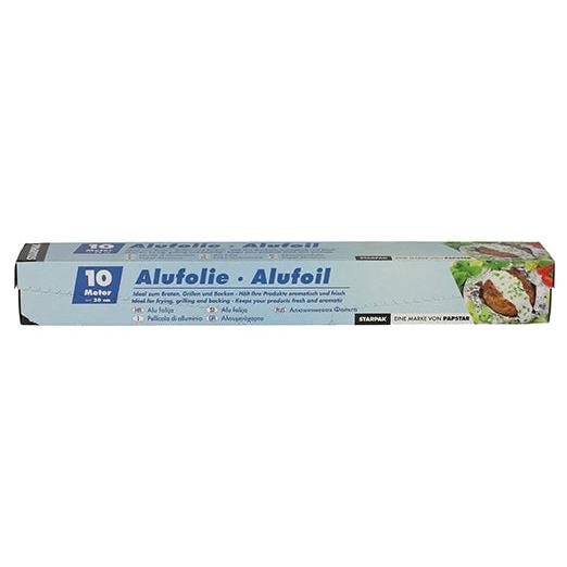 A folha de alumínio Starpak em caixa dobrável é uma caixa retangular de alumínio de 10 metros de comprimento com a inscrição "Alufolie · Alufoil". Ela tem um design azul-claro com texto branco e azul-escuro, imagens de alimentos no lado direito e mostra aplicações versáteis.