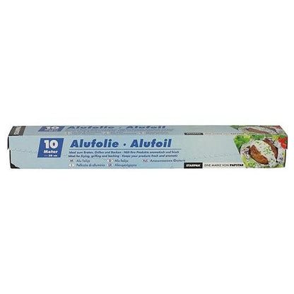 A folha de alumínio Starpak em caixa dobrável é uma caixa retangular de alumínio de 10 metros de comprimento com a inscrição "Alufolie · Alufoil". Ela tem um design azul-claro com texto branco e azul-escuro, imagens de alimentos no lado direito e mostra aplicações versáteis.