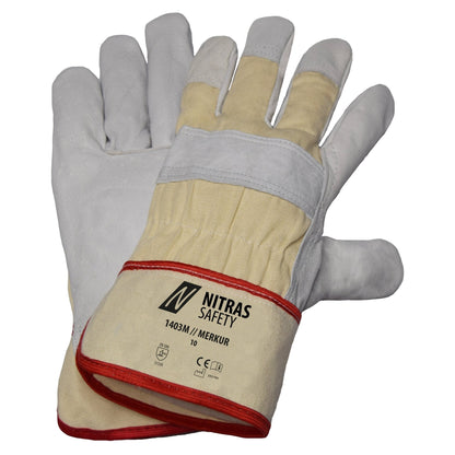 NITRAS MERKUR, luvas de couro bovino de flor integral, cor natural / cinza, algodão EN 388 | Pacote (12 pares)