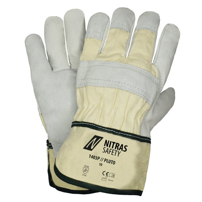 NITRAS PLUTO, luvas de couro bovino de flor integral, cor natural / cinza, algodão EN 388 | Pacote (12 pares)