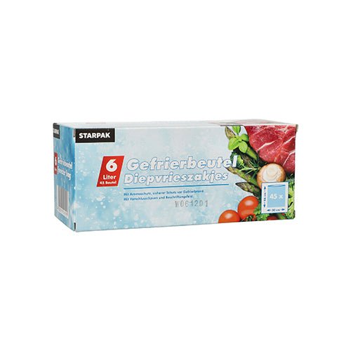 Saco de congelação Starpak 45, LLDPE, 6l (46cm x 30cm), transparente, em caixa dobrável. A embalagem mostra legumes e carne crua, bem como texto em alemão e neerlandês. Contém 45 sacos para armazenamento no congelador.