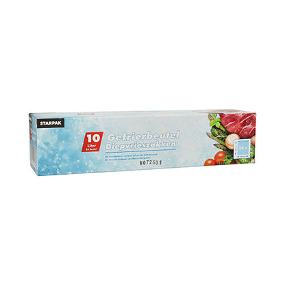 Uma caixa retangular com 24 sacos de congelação Starpak, LLDPE 10 l (60 cm x 40 cm), transparente, para armazenamento de alimentos, em uma caixa dobrável (24 unidades), mostra imagens de legumes e carne sobre um fundo azul gelado.