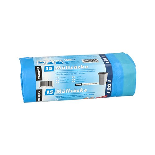 A imagem mostra um pacote enrolado com 15 sacos de lixo Starpak azuis com cordão (LDPE, 120 l, 100 x 70 cm). A etiqueta alemã mostra detalhes do produto, uma imagem de uma lixeira e destaca o cordão prático para fácil fechamento.