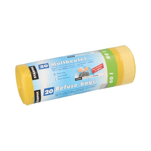 Um rolo amarelo de sacos de lixo Starpak 20 com cordão (60 l, 71 x 64,5 cm, HDPE) é fornecido com uma faixa azul e branca com marcação e instruções em várias línguas. A embalagem tem a impressão "20 sacos de lixo" e contém 20 unidades.