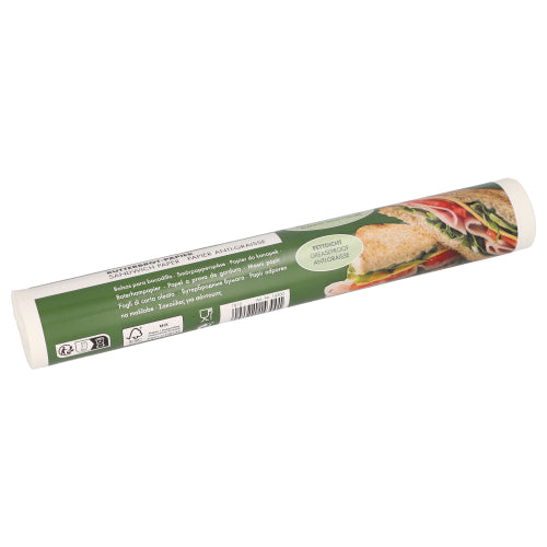 PAPSTAR papel manteiga 25x30 cm, branco, 100 folhas com bandeirola verde mostra instruções de uso e uma foto de sanduíche - perfeito para embalar snacks ou sanduíches.