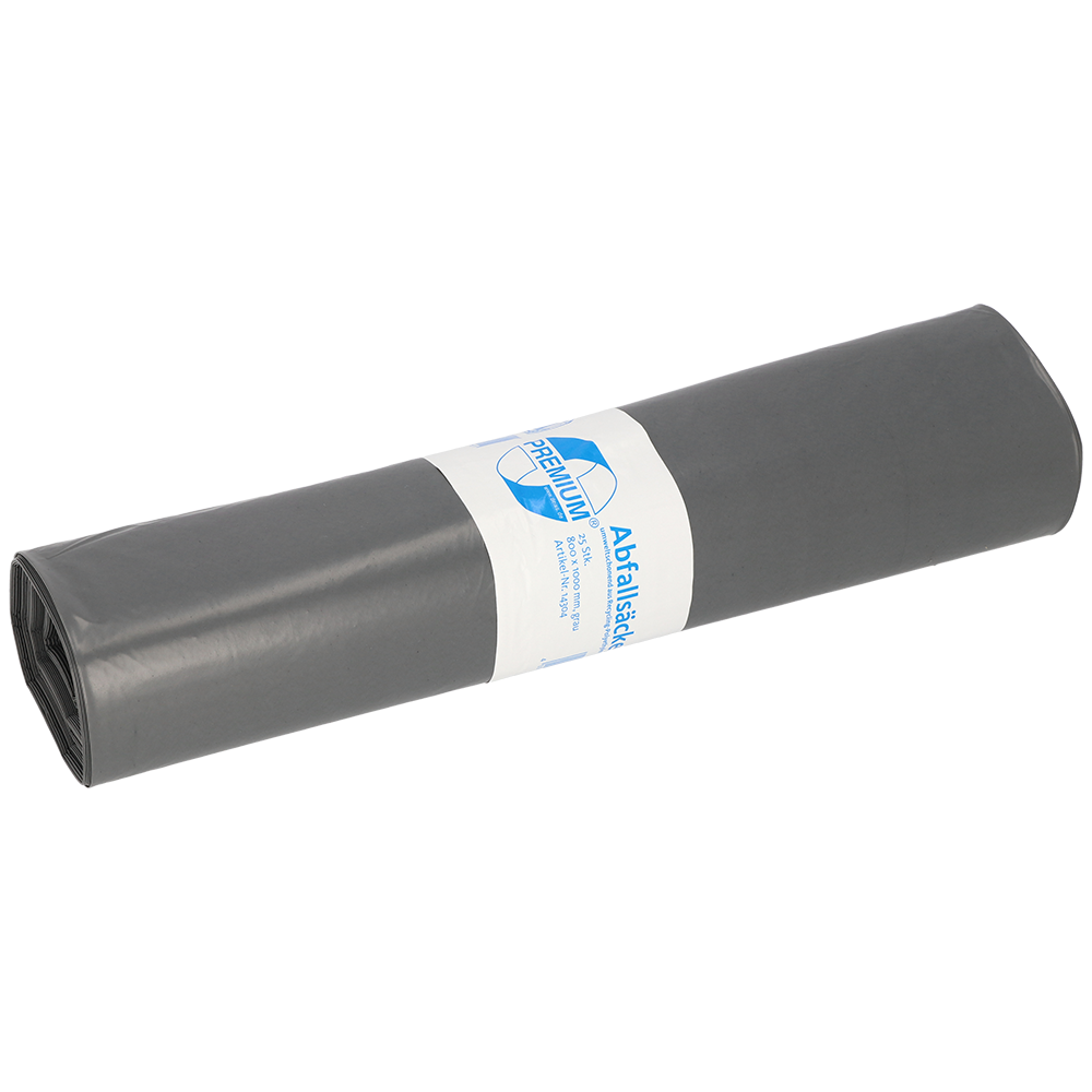 Abgebildet ist eine Rolle EMIL DEISS KG (GmbH + Co.) DEISS 14304 - 800x1000 mm Typ 70 grau | Rolle (25 Stück) Müllsäcke auf weißem Hintergrund, umwickelt mit einem weißen Etikett mit blauem Text und Grafik.