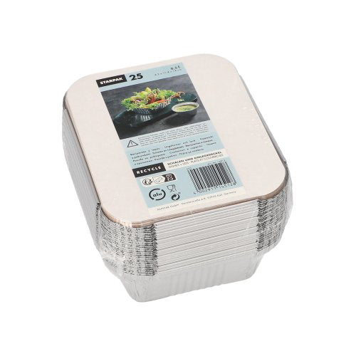 Um pacote de 25 bandejas Starpak Alu+Einlegedeckel (revestidas em PP) vem com uma etiqueta de papel com informações sobre o produto, símbolos de reciclagem e imagens de alimentos - perfeito para catering ou para levar. Marca: Starpak.