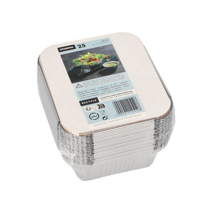 Um pacote de 25 bandejas Starpak Alu+Einlegedeckel (revestidas em PP) vem com uma etiqueta de papel com informações sobre o produto, símbolos de reciclagem e imagens de alimentos - perfeito para catering ou para levar. Marca: Starpak.