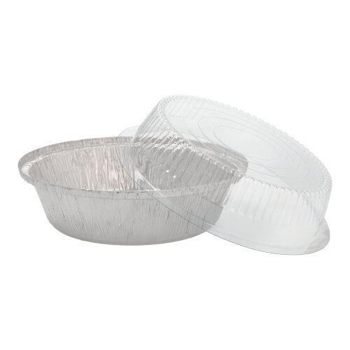 Das Starpak 25 Schalen-Set beinhaltet runde Aluminiumbehälter (0,77 l, Ø 18,2 cm, 8 cm) mit transparenten gewölbten Deckeln – ideal für Gastronomie und Take-away, verpackt in Schrumpffolie (25 Stück).