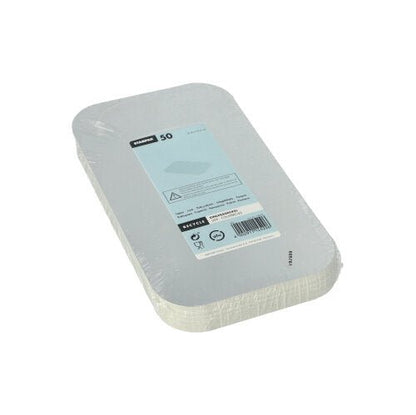 Uma pilha de 50 tampas de inserção Starpak revestidas de PP, tamanho 21,8 x 12,3 cm, está embalada em película retrátil e equipada com uma etiqueta azul e branca com informações do produto e código de barras.