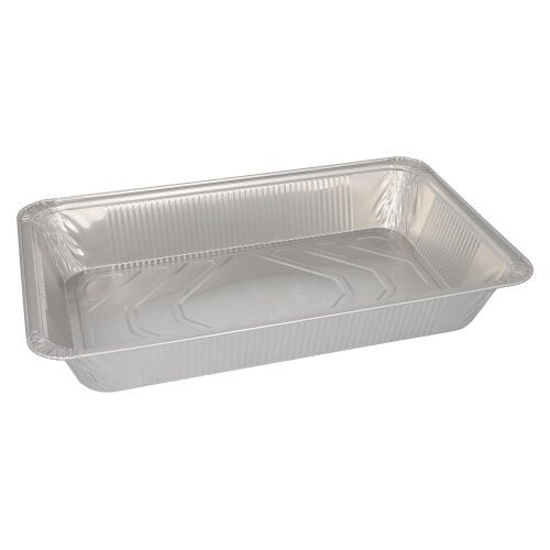 Um recipiente gastronorm Starpak 3 retangular, uma forma de alumínio descartável (8,5 l, 8 cm x 32,6 cm x 52,7 cm), vazio com bordas elevadas e fundo plano sobre um fundo branco simples.