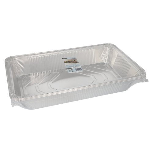O recipiente gastronorm Starpak 3 é um recipiente descartável retangular de folha de alumínio (8,5 l, 8 cm x 32,6 cm x 52,7 cm) com borda elevada e uma etiqueta de produto no interior, exibido vazio sobre um fundo branco simples (3 peças, embalado a vácuo).