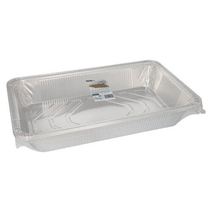 O recipiente gastronorm Starpak 3 é um recipiente descartável retangular de folha de alumínio (8,5 l, 8 cm x 32,6 cm x 52,7 cm) com borda elevada e uma etiqueta de produto no interior, exibido vazio sobre um fundo branco simples (3 peças, embalado a vácuo).