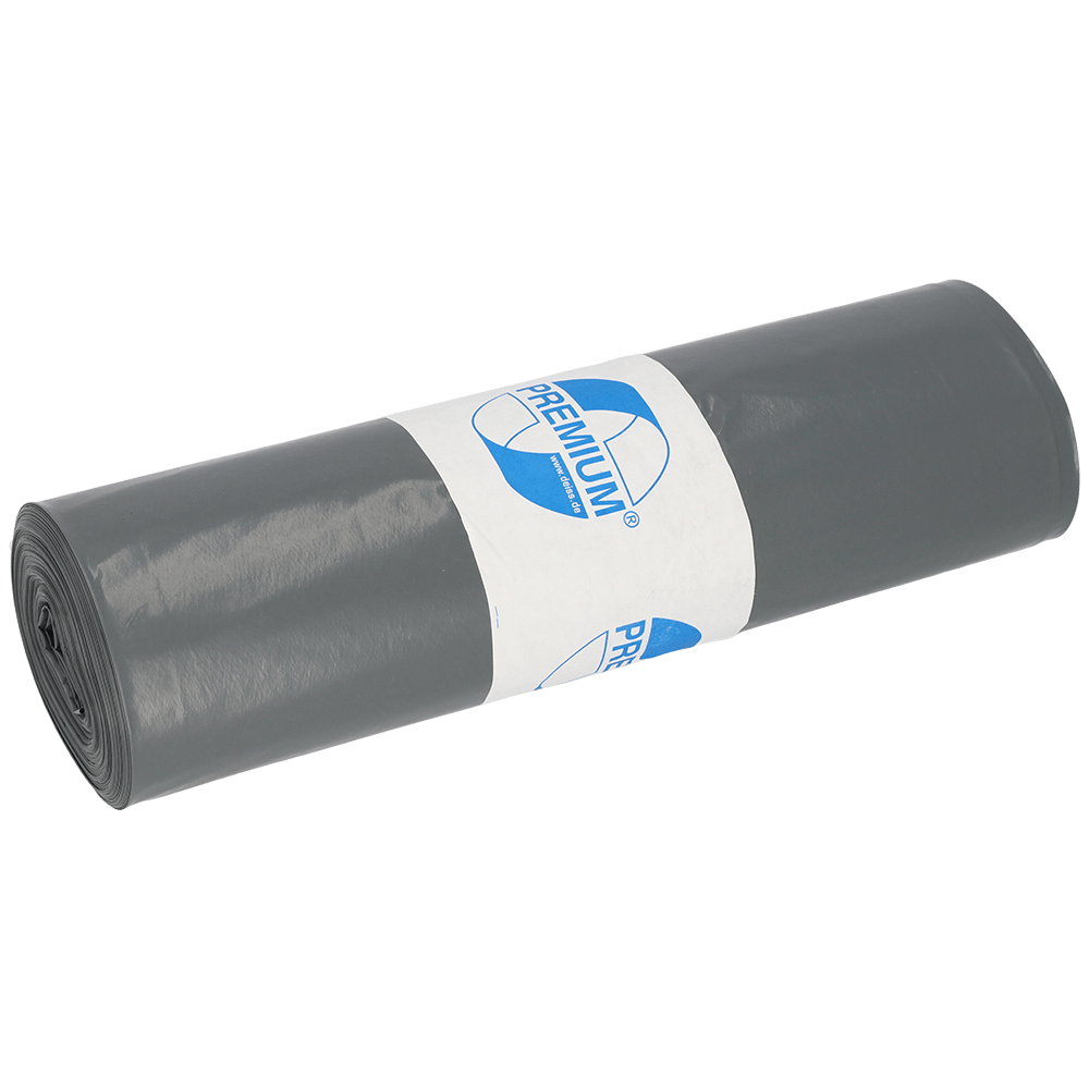 A imagem mostra um rolo de sacos de lixo DEISS 575x1000x0,05 mm de LDPE reciclado 70 l da EMIL DEISS KG (GmbH + Co.), envolvido com uma etiqueta branca com logotipo azul "PREMIUM", em fundo branco.