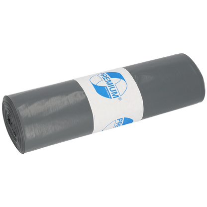 A imagem mostra um rolo de sacos de lixo DEISS 575x1000x0,05 mm de LDPE reciclado 70 l da EMIL DEISS KG (GmbH + Co.), envolvido com uma etiqueta branca com logotipo azul "PREMIUM", em fundo branco.