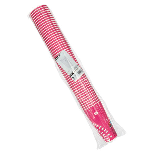 Um pacote selado com 50 copos de papel rosa Starpak (0,5 l, Ø 8,97 cm, 16,83 cm) para bebidas frias, ideal para festas, com um rótulo do produto na embalagem externa de plástico.