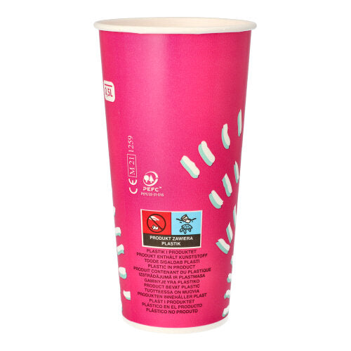 O copo Starpak 50 para bebidas frias (0,5 l, rosa, Ø 8,97 cm, 16,83 cm) de papel com marcações brancas e texto multilíngue são ideais para festas; Cada conjunto contém 50 copos.