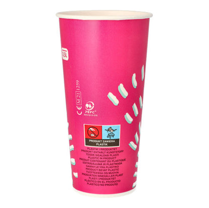 O copo Starpak 50 para bebidas frias (0,5 l, rosa, Ø 8,97 cm, 16,83 cm) de papel com marcações brancas e texto multilíngue são ideais para festas; Cada conjunto contém 50 copos.