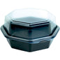 A embalagem Octaview® C&C 160x160x80 mm da Duni GmbH é um recipiente de plástico preto, octogonal, com tampa transparente, perfeito como caixa empilhável para peças pequenas. Mostrado vazio em fundo branco. Embalagem com 35 unidades.
