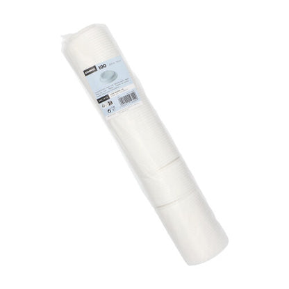 Um pacote de plástico selado com 100 copos de tampa de cúpula Starpak "To Go" brancos (PS, redondos), ilustrado em ângulo com etiqueta de produto visível - ideal para bebidas quentes em movimento. Marca: Starpak.