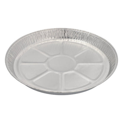 As Starpak 25 Rundformen, Alu rund é uma forma de bolo redonda e plana de alumínio com borda ligeiramente elevada e fundo segmentado, ideal para assar; ilustrada sobre um fundo branco simples.