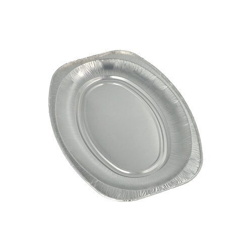 Uma única travessa de servir oval Starpak 10 de alumínio é mostrada contra um fundo branco simples – perfeita para buffets, catering ou festas de casamento.