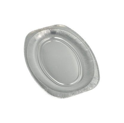 Uma única travessa de servir oval Starpak 10 de alumínio é mostrada contra um fundo branco simples – perfeita para buffets, catering ou festas de casamento.