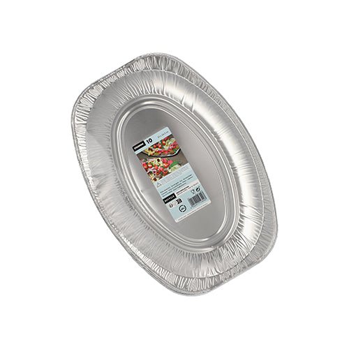 Uma única travessa de servir Starpak 10, oval de alumínio, descartável com etiqueta central do produto é mostrada em fundo branco. Como parte de um pacote de 10 da Starpak, ela possui bordas elevadas e é ideal para buffets, catering ou festas de casamento.