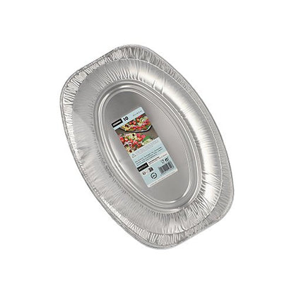 Uma única travessa de servir Starpak 10, oval de alumínio, descartável com etiqueta central do produto é mostrada em fundo branco. Como parte de um pacote de 10 da Starpak, ela possui bordas elevadas e é ideal para buffets, catering ou festas de casamento.
