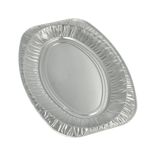 Uma única travessa de servir Starpak 10, oval de alumínio, é apresentada contra um fundo branco simples. A travessa de alumínio possui uma borda ligeiramente elevada e uma borda ondulada, sendo perfeita para catering ou para servir como travessa oval.