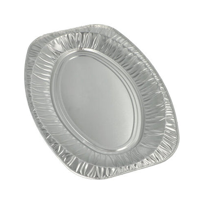 Uma única travessa de servir Starpak 10, oval de alumínio, é apresentada contra um fundo branco simples. A travessa de alumínio possui uma borda ligeiramente elevada e uma borda ondulada, sendo perfeita para catering ou para servir como travessa oval.