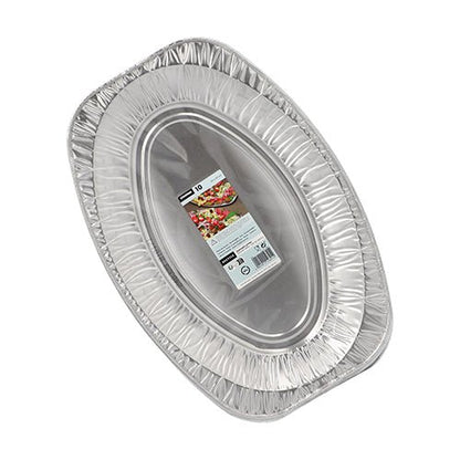 Um pacote com 10 travessas de servir Starpak, oval de alumínio, empilhadas com uma etiqueta com detalhes do produto e uma imagem do alimento na travessa superior – ideal para buffets e catering.