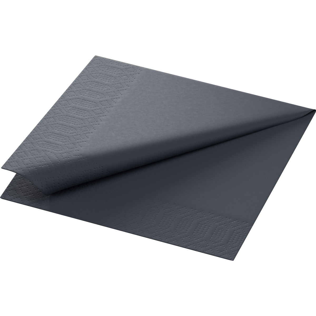 Um guardanapo de papel da Duni GmbH, 33x33 cm, 3 camadas, preto, está limpo e dobrado em um quarto de dobra e possui um discreto padrão geométrico em relevo na borda; entregue em um pacote com 250 guardanapos.