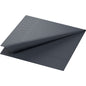 Um guardanapo de papel da Duni GmbH, 33x33 cm, 3 camadas, preto, está limpo e dobrado em um quarto de dobra e possui um discreto padrão geométrico em relevo na borda; entregue em um pacote com 250 guardanapos.