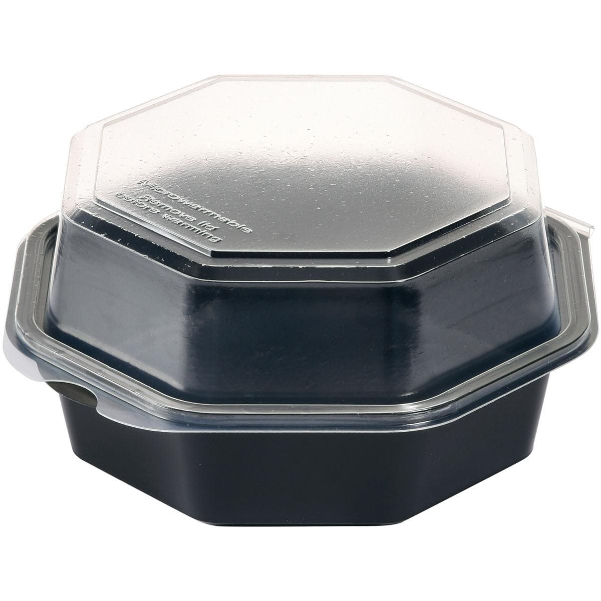 O recipiente Duni GmbH Octaview® Preto/Transparente PS 160x160x80 mm, uma placa de proteção de alta qualidade para armazenamento de alimentos (pacote: 405 unidades), é ilustrado sobre um fundo branco com uma tampa fechada e ligeiramente mate.