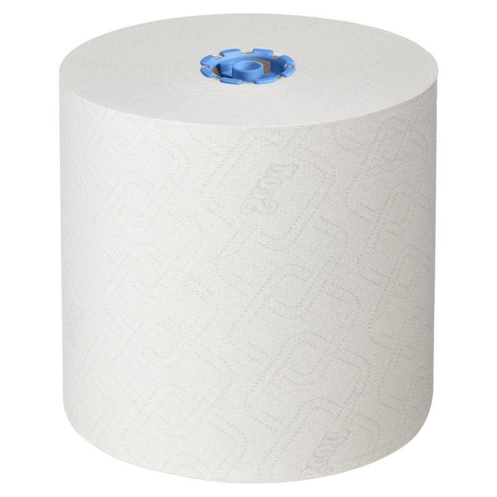 Um grande rolo de toalha de papel Scott® Essential™ 6638 da Kimberly-Clark GmbH, de 1-camada, com núcleo de plástico azul está em pé sobre um fundo branco simples. Na superfície aparecem padrões discretos e "Scott".