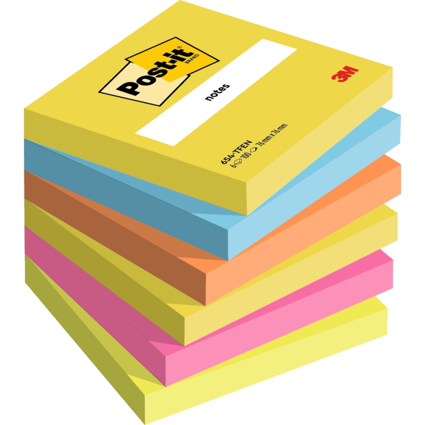 Um pacote de seis Post-it® Notes 76x76 mm (Energetic Collection) da 3M Deutschland GmbH, com 100 folhas por bloco em várias cores sortidas. Feito de papel 100% certificado PEFC (SGSCH-PEFC-COC-110078) para sustentabilidade.