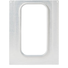 Eine rechteckige Metallplatte der Duni GmbH mit mittigem Rundausschnitt und vier Ecklöchern, ideal als Kassette DF15/25 für CPET Schalen 2400 ml - 1/3 GN Größe für Gastronomie Catering.