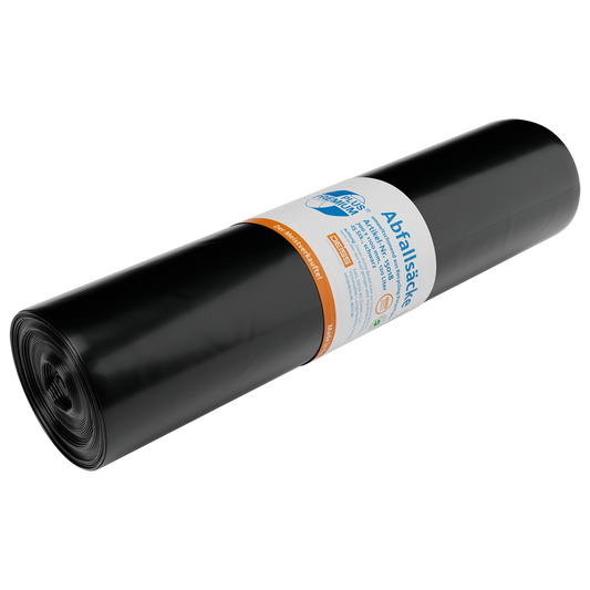 Abgebildet ist eine Rolle DEISS 15018 Müllsäcke (700x1100 mm, schwarz, 25 Stück) der EMIL DEISS KG (GmbH + Co.) auf weißem Untergrund - ideal für eine effiziente Abfallentsorgung und als meistverkaufte Abfallsäcke ausgezeichnet.