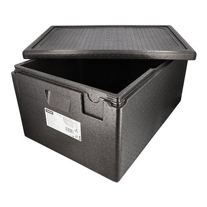 Na imagem está um Isolador de Transporte Starpak preto feito de EPP (68,5 x 48,5 x 36 cm), Euro-Norm, com tampa parcialmente aberta e interior espaçoso. Na frente, há uma etiqueta do produto. Embalagem: 1 peça.