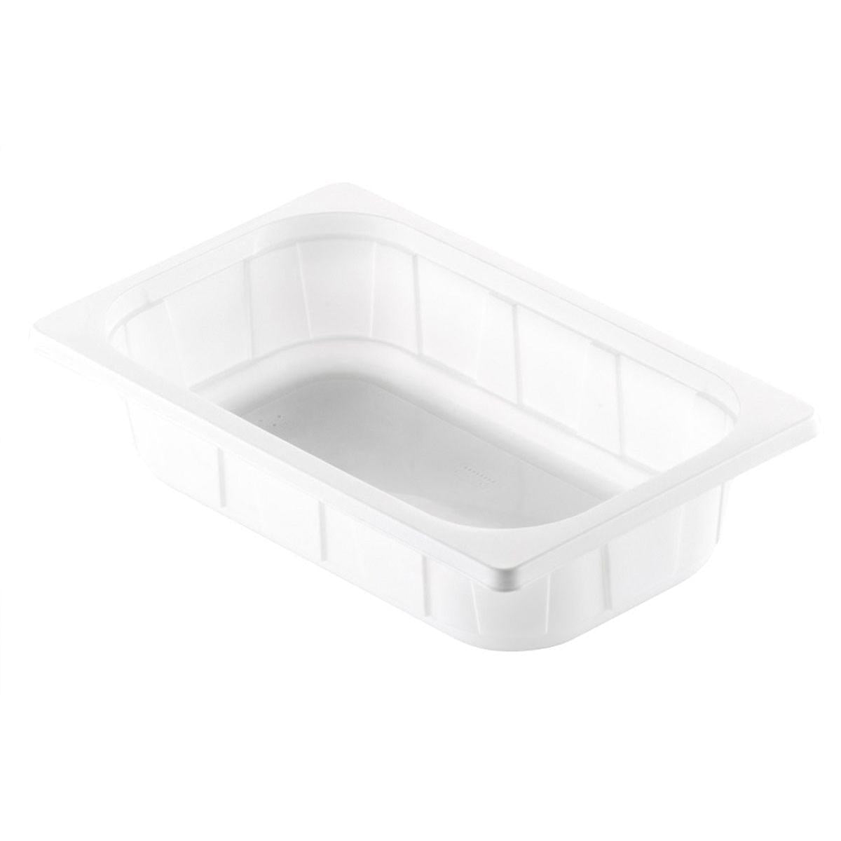 A Duni GmbH PP Schale 1/4 GN Branco PP é uma tigela retangular branca com lados retos, borda plana e discretas ranhuras verticais de suporte, projetada como um recipiente estável 1/4 GN para a gastronomia.