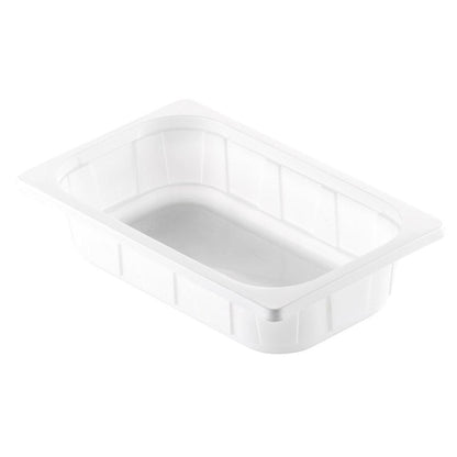 A Duni GmbH PP Schale 1/4 GN Branco PP é uma tigela retangular branca com lados retos, borda plana e discretas ranhuras verticais de suporte, projetada como um recipiente estável 1/4 GN para a gastronomia.