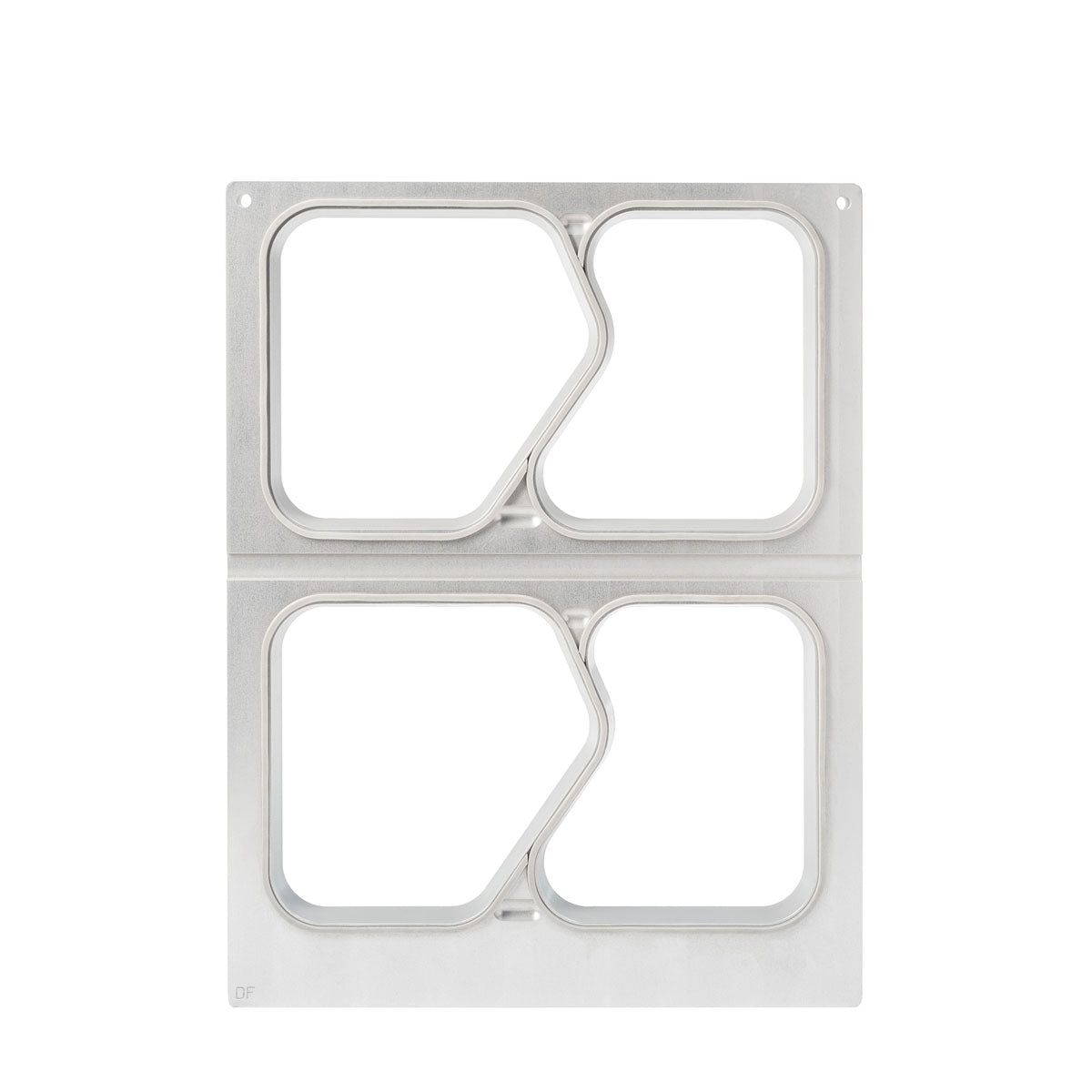 Uma caixa retangular de metal DF15/25 para tigelas de menu PP 1/4 GN 630 ml da Duni GmbH com duas aberturas quadradas idênticas, separadas por um divisor em ziguezague inclinado, fotografada contra um fundo branco.