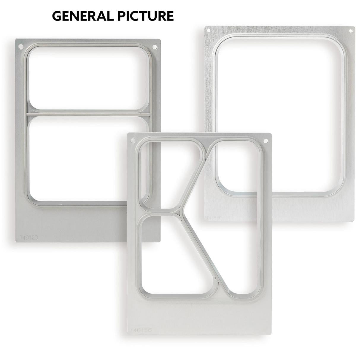 Três placas de metal retangulares, incluindo um cartucho Duni GmbH DF15/25 para bandeja APET 1150 ml - 3-utilizável, estável (1 peça), com diferentes recortes são mostradas lado a lado em um fundo branco. Acima aparece "IMAGEM GERAL".
