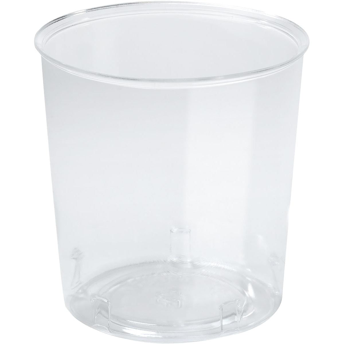 Um copo PS transparente da tendência de vidro da Duni GmbH com lados lisos e uma borda ligeiramente arredondada, fotografado vazio contra um fundo branco simples.