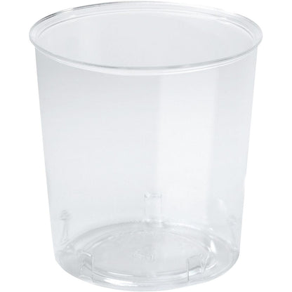 Um copo PS transparente da tendência de vidro da Duni GmbH com lados lisos e uma borda ligeiramente arredondada, fotografado vazio contra um fundo branco simples.