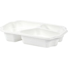 Die Duni GmbH PP-Schale Take-Away 250x159x48 mm in Weiß verfügt über drei Fächer, ideal für Snacks und Speisen zum Mitnehmen; wird als Packung mit 246 Stück geliefert und ist gewinkelt vor einem schlichten Hintergrund abgebildet.
