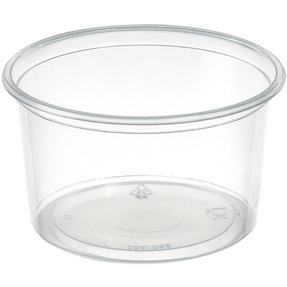 Der Delipack rund Transparent PP 101x101 der Duni GmbH ist ein runder, klarer Behälter mit ausgestelltem Rand, ideal für die Aufbewahrung von Lebensmitteln. Er ist mit Recyclingsymbolen und Markierungen auf dem Boden versehen und wird in einer 50er-Packung geliefert.